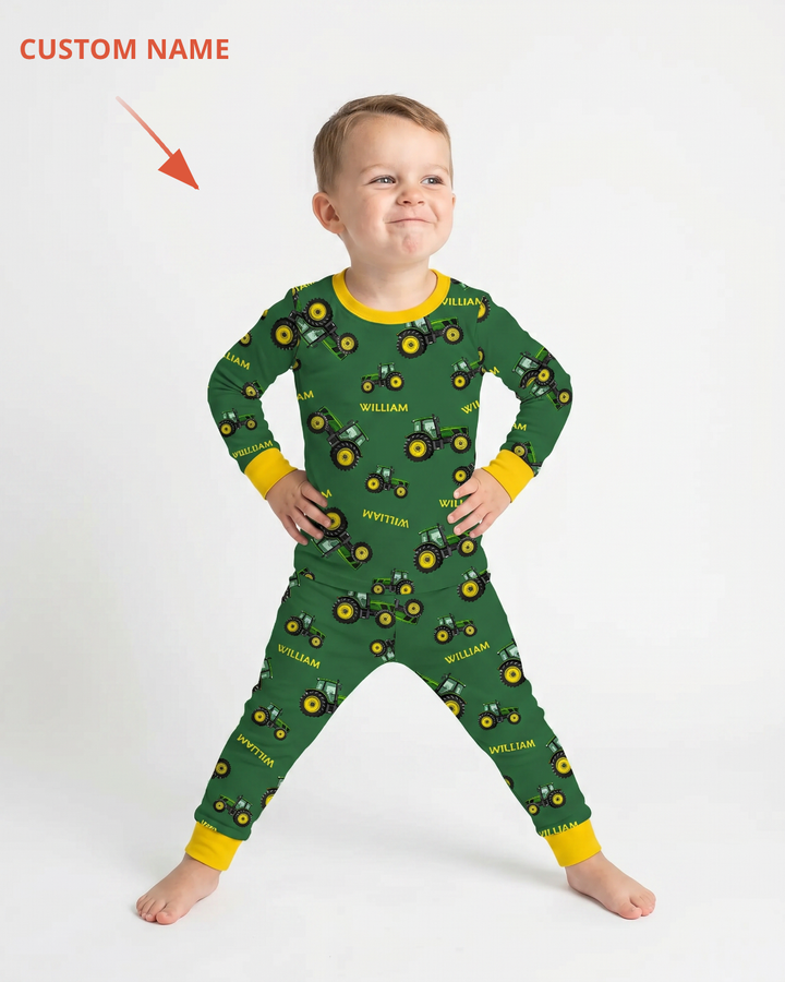 Custom Name Green Tractors Matching Daddy & Me Bamboo Two Piece Long Sleeve Pajama Set