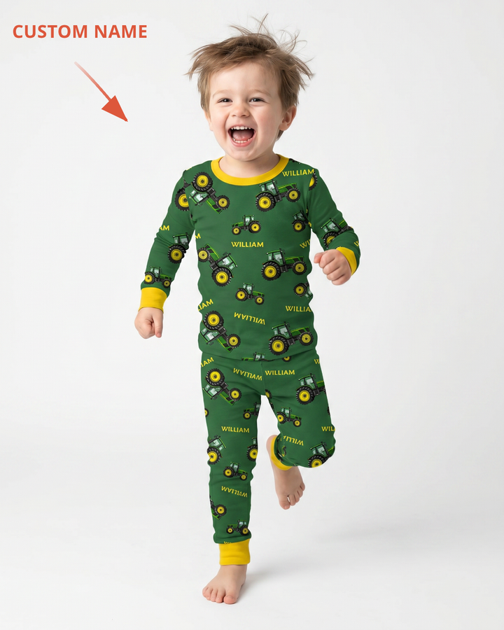 Custom Name Green Tractors Matching Daddy & Me Bamboo Two Piece Long Sleeve Pajama Set