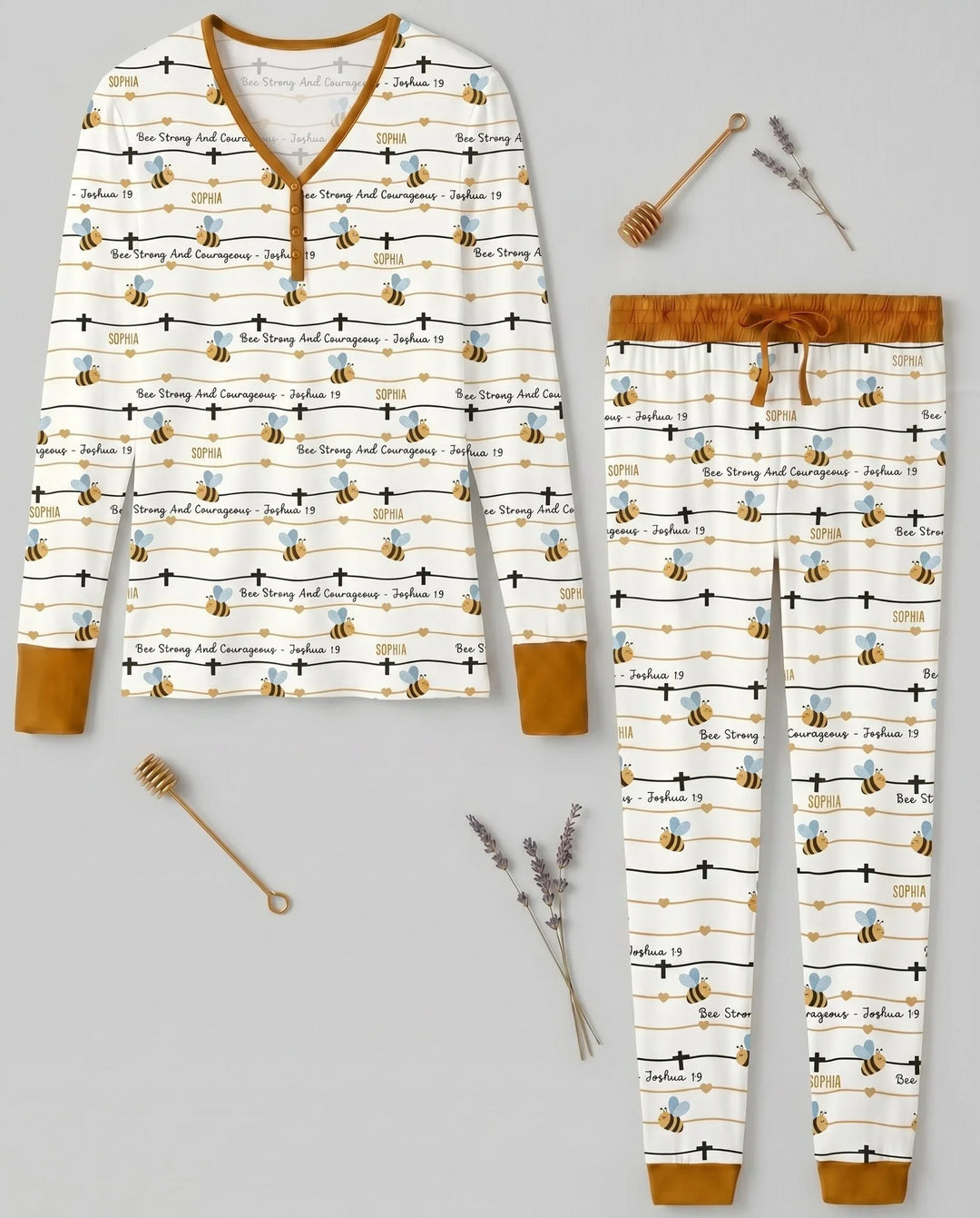Bee Strong And Courageous Custom Name Women Pajama Set