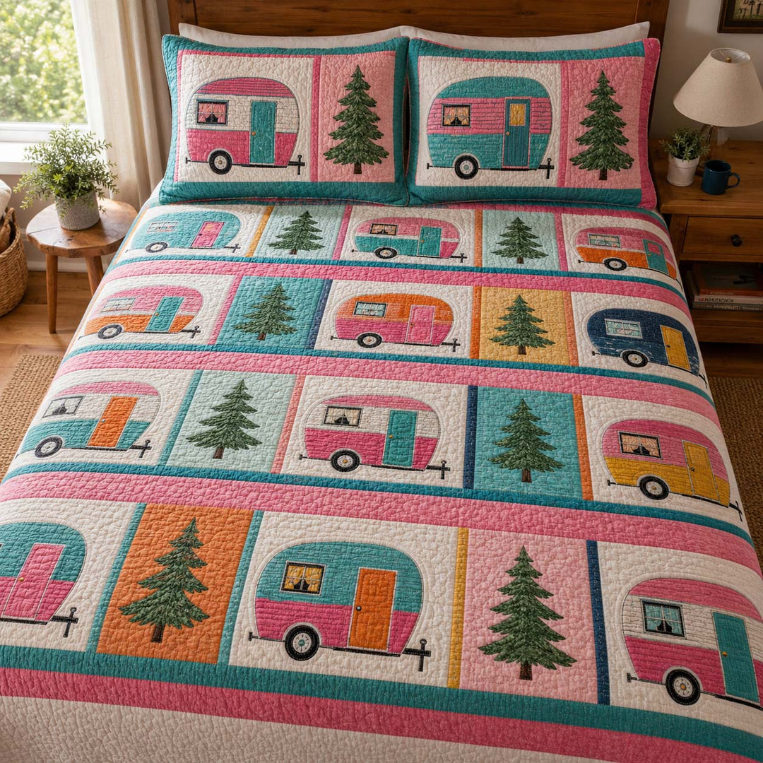 Retro Camper Patchwork Bamboo Quilt Bedding Set
