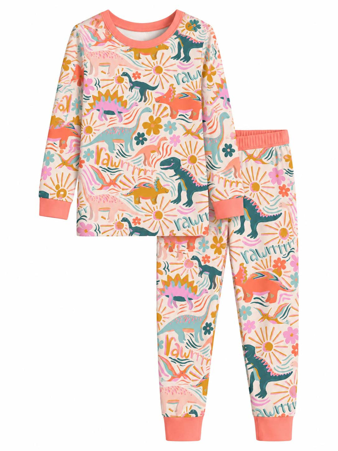 Retro Dinosaur Garden Bamboo Two Piece Long Sleeve Pajama Set