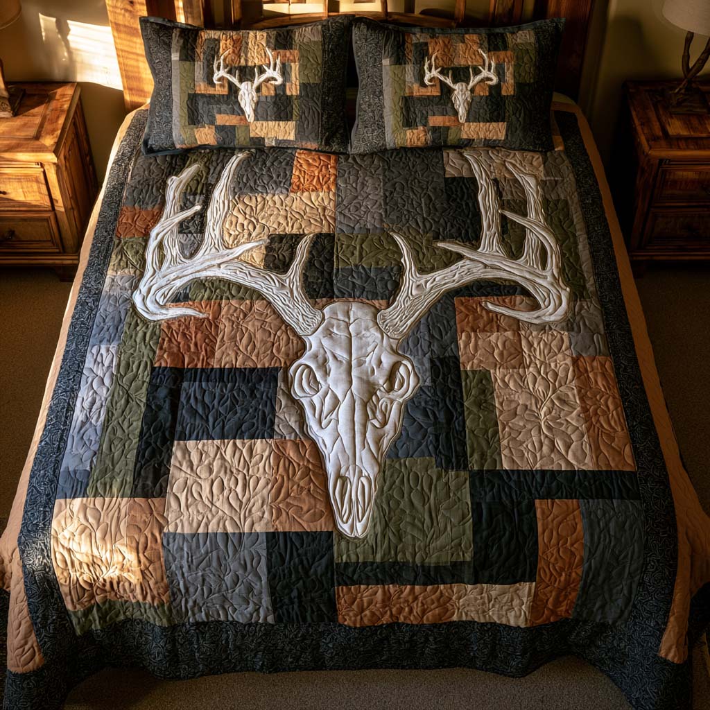 Rustic Deer Skull Antlers Bamboo Quilt Bedding Set