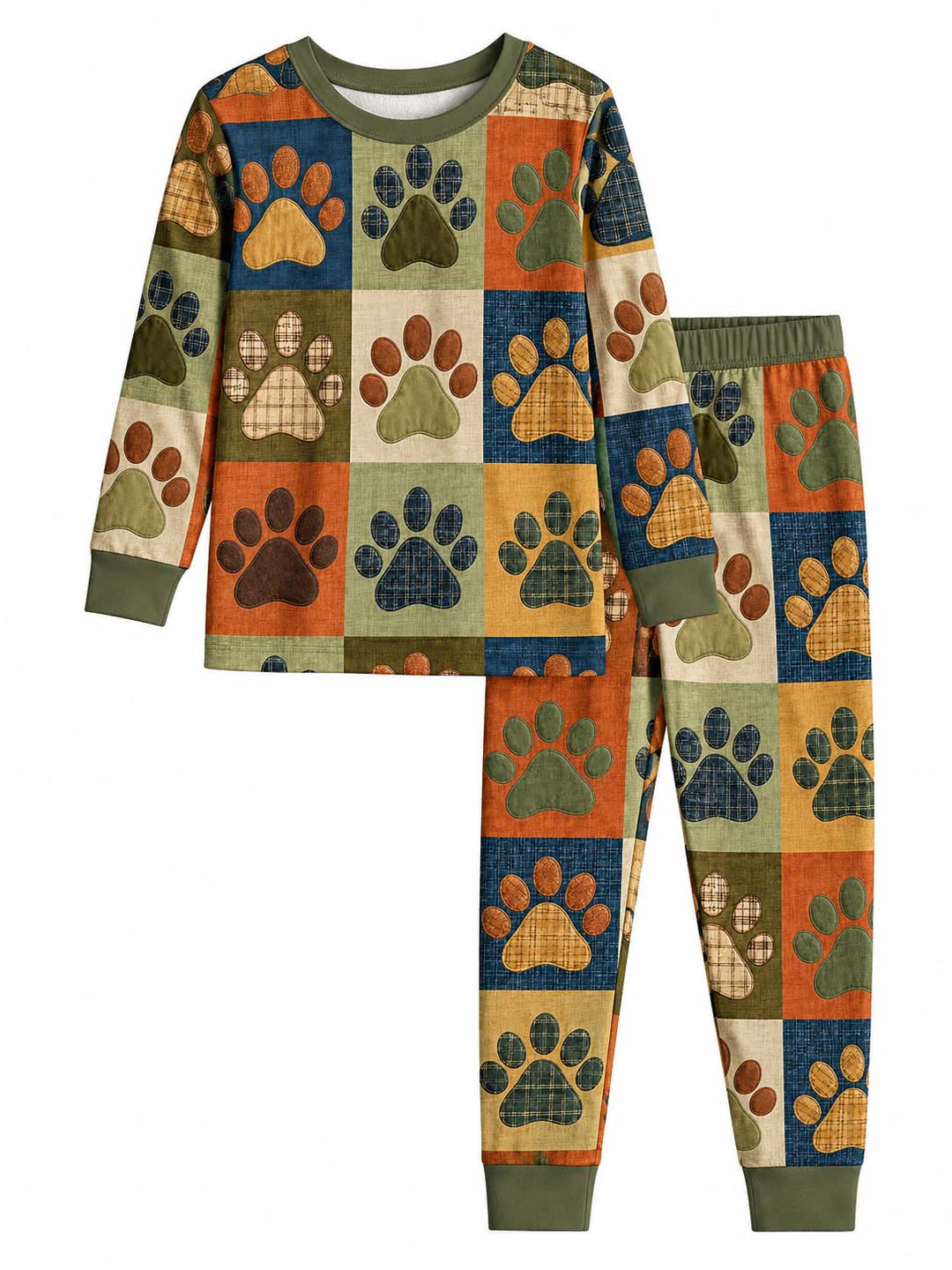 Rustic Fall Paw Patchwork Bamboo Two Piece Long Sleeve Pajama Set