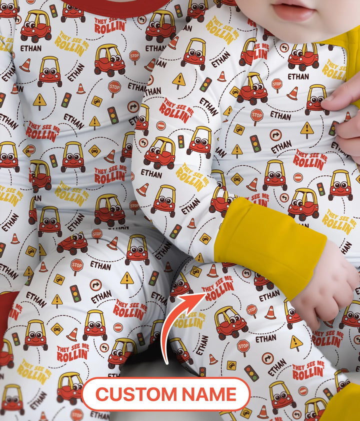 Custom Name They See Me Roliin' Two Piece Long Sleeve Pajama Set , Custom Name They See Me Roliin' Two Piece Long Sleeve Pajama Set - 12-18M