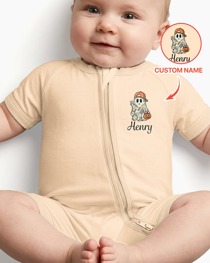 Personalized Baby Boy Halloween Ghost Bamboo Shorty Zippy