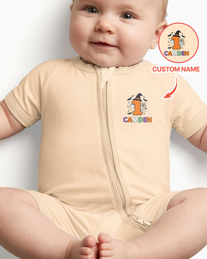 Personalized Name 1st Halloween Pumpkin Ghost Spooky One Birthday Bamboo Shorty Zippy