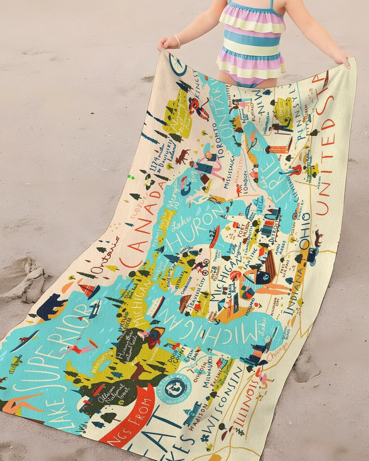 Great Lakes Explorer Map Bamboo Beach Towel