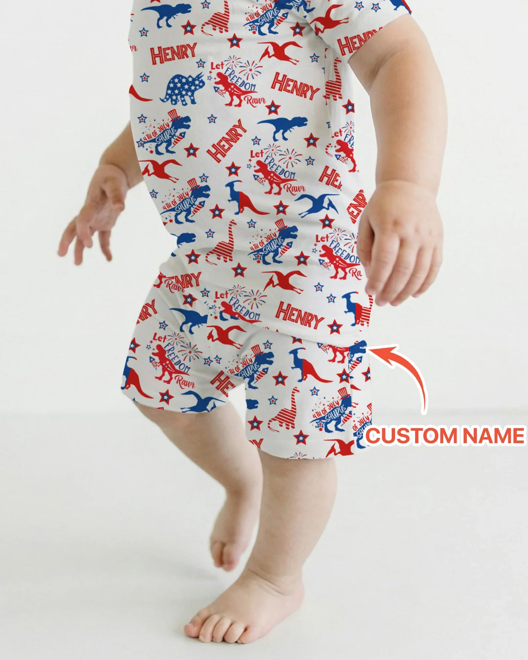 Custom Name Patriotic Dinosaur Bamboo Two Piece Short Sleeve Shorts Pajama Set