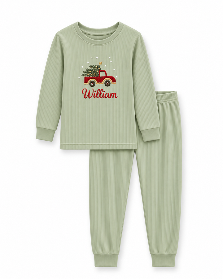 Vintage Holiday Truck Embroidered Ribbed Bamboo Two Piece Long Sleeve Pajama Set