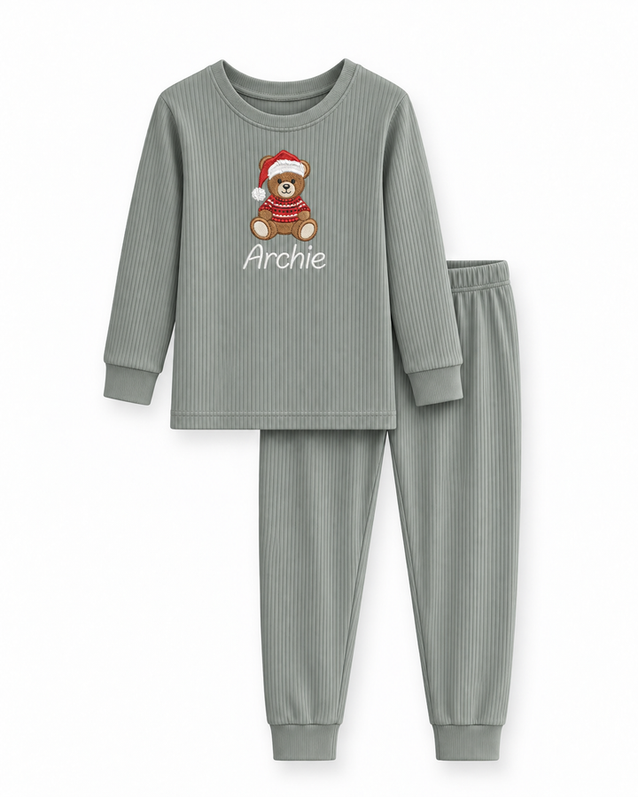 Cozy Teddy Embroidered Ribbed Bamboo Two Piece Long Sleeve Pajama Set