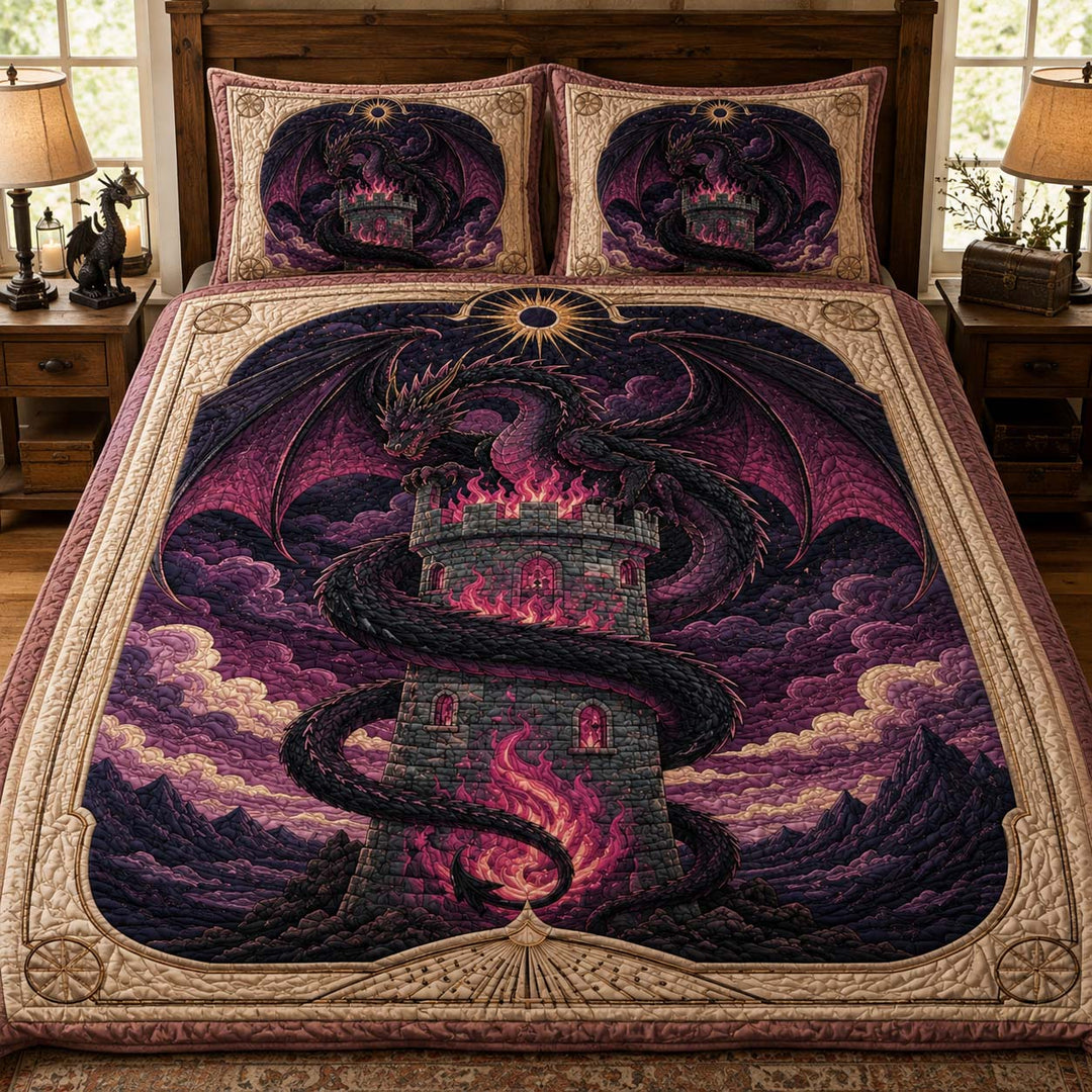 Shadow Dragon Burning Tower Bamboo Quilt Bedding Set