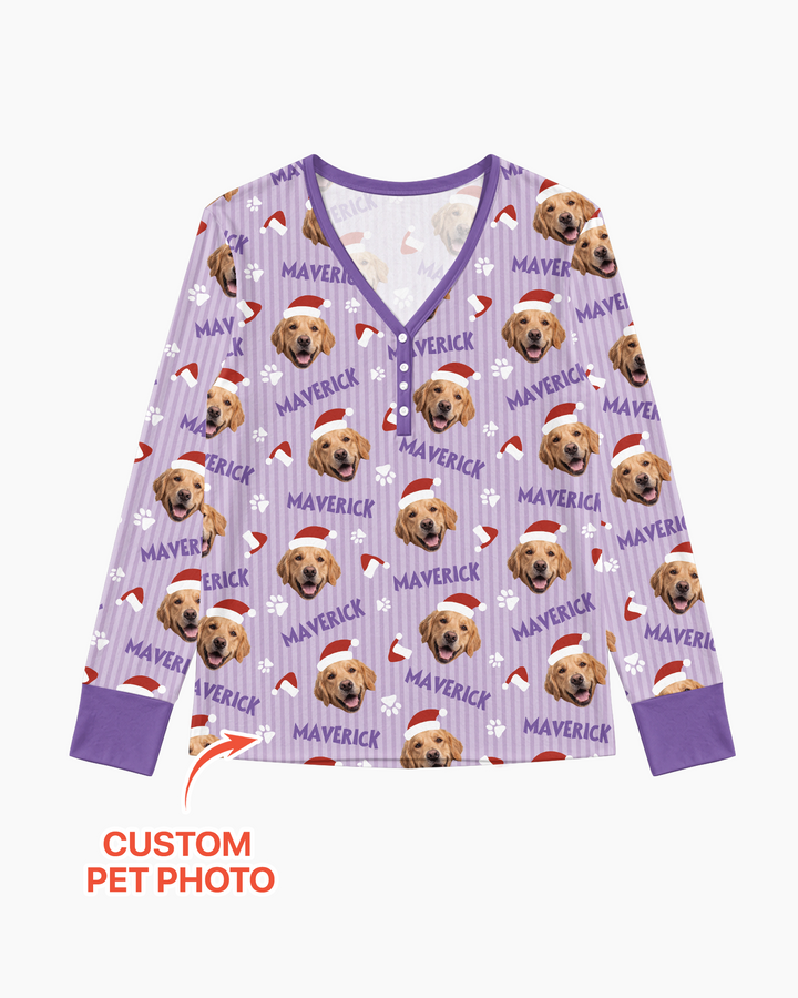 Custom Pet Photo Christmas Paws Stripe Bamboo Women Pajama Set