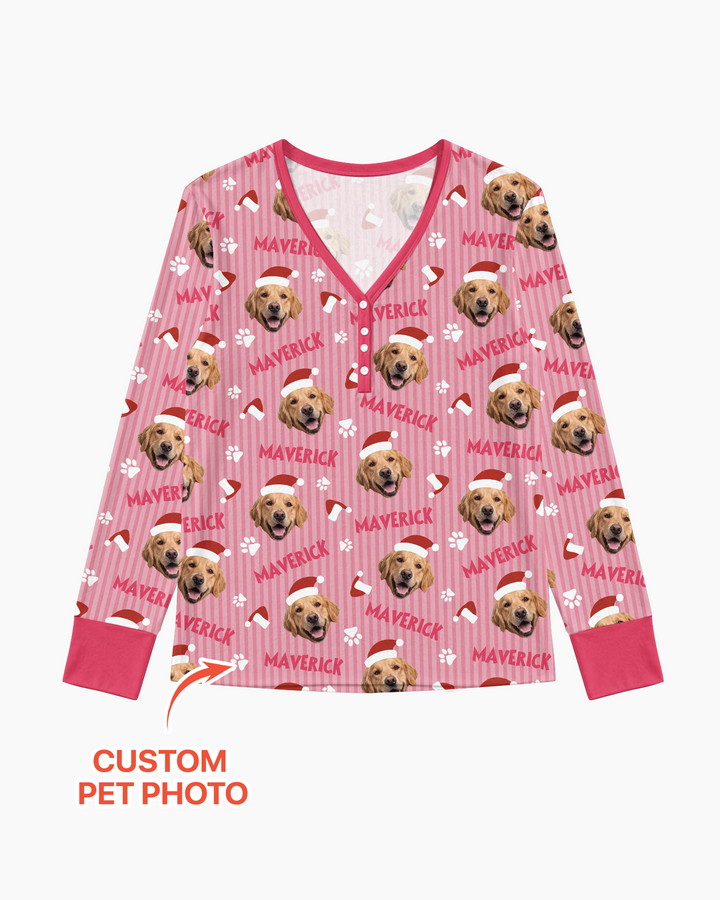Custom Pet Photo Christmas Paws Stripe Bamboo Women Pajama Set