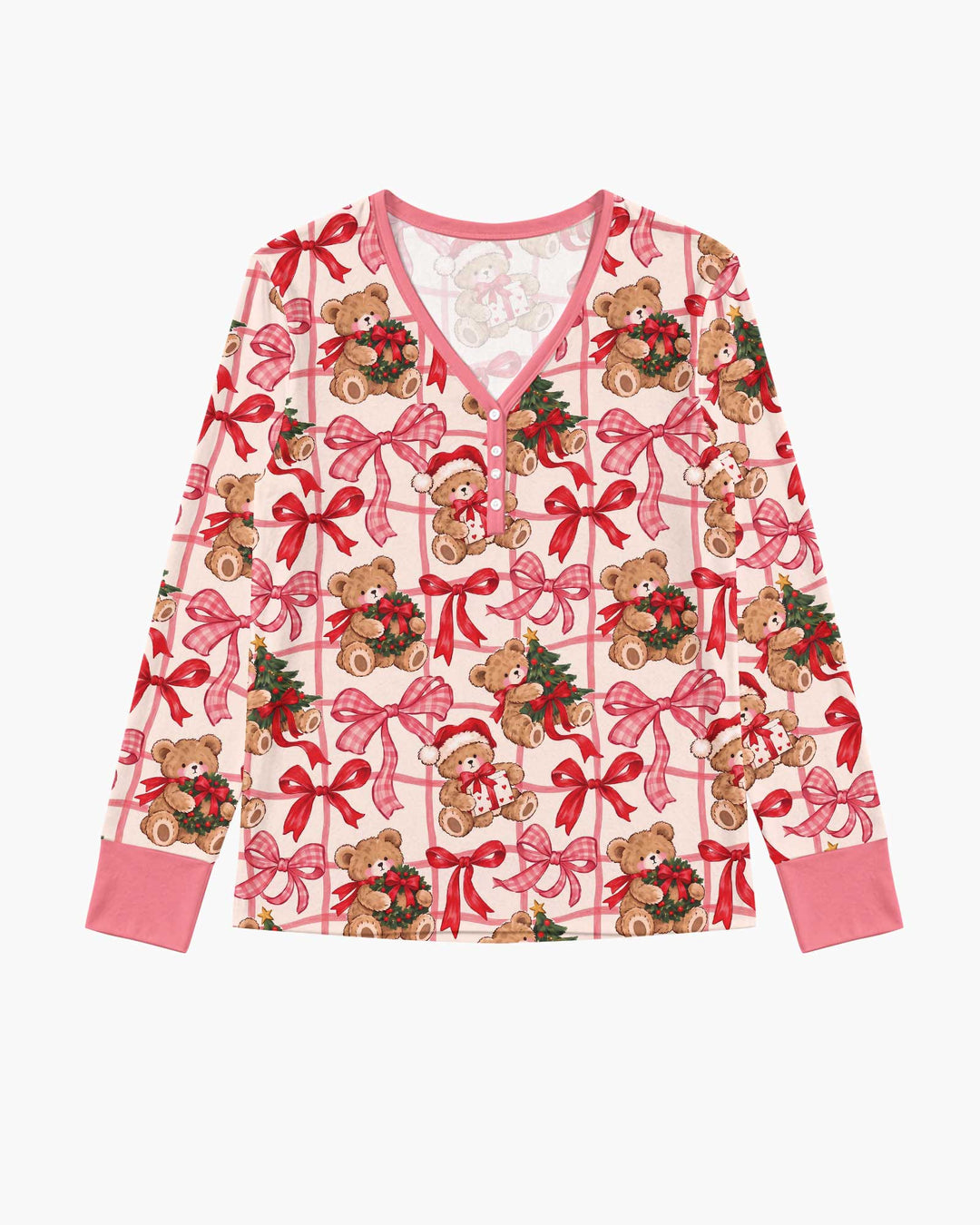 Pink Christmas Teddy Bear Plaid Mommy & Me Matching Bamboo Women Pajama Set