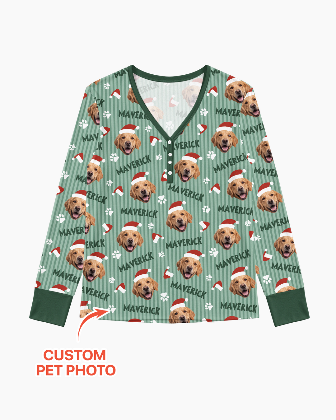 Custom Pet Photo Christmas Paws Stripe Bamboo Women Pajama Set