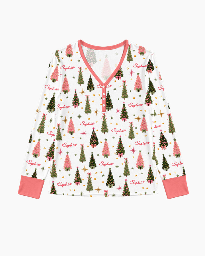 Custom Name Merry Christmas Tree Bamboo Women Pajama Set