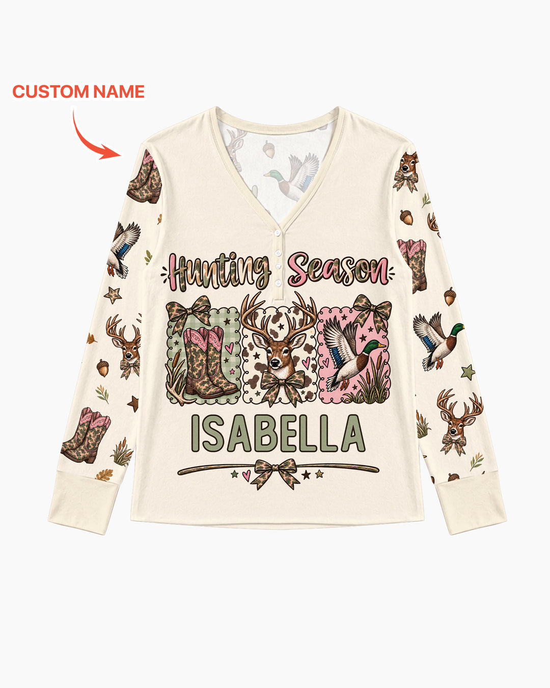 Custom Name Preppy Camo Bow Bamboo Women Pajama Set