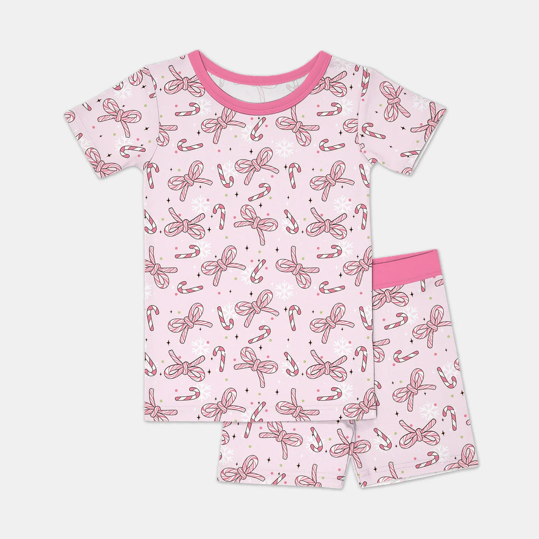 Pink Candy Bows Two Piece Short Sleeve Shorts Pajama Set