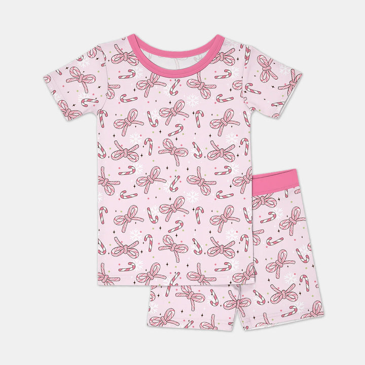 Pink Candy Bows Two Piece Short Sleeve Shorts Pajama Set