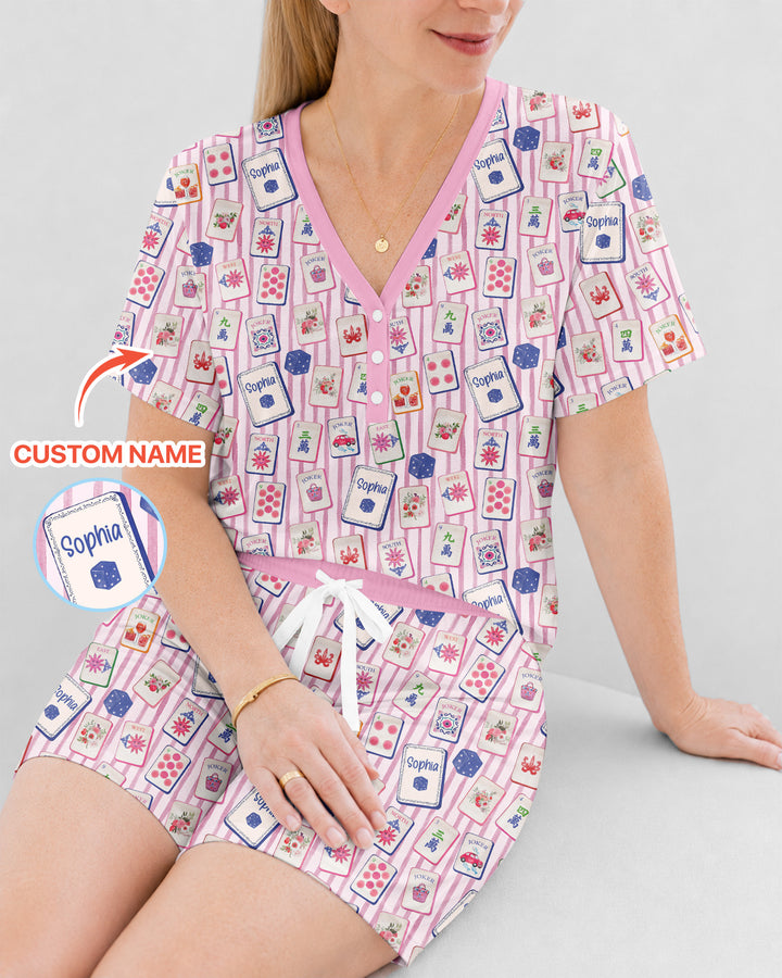 Coastal Mahjong Custom Name Mommy & Me Matching Bamboo Women Short Sleeve Short Pajama Set
