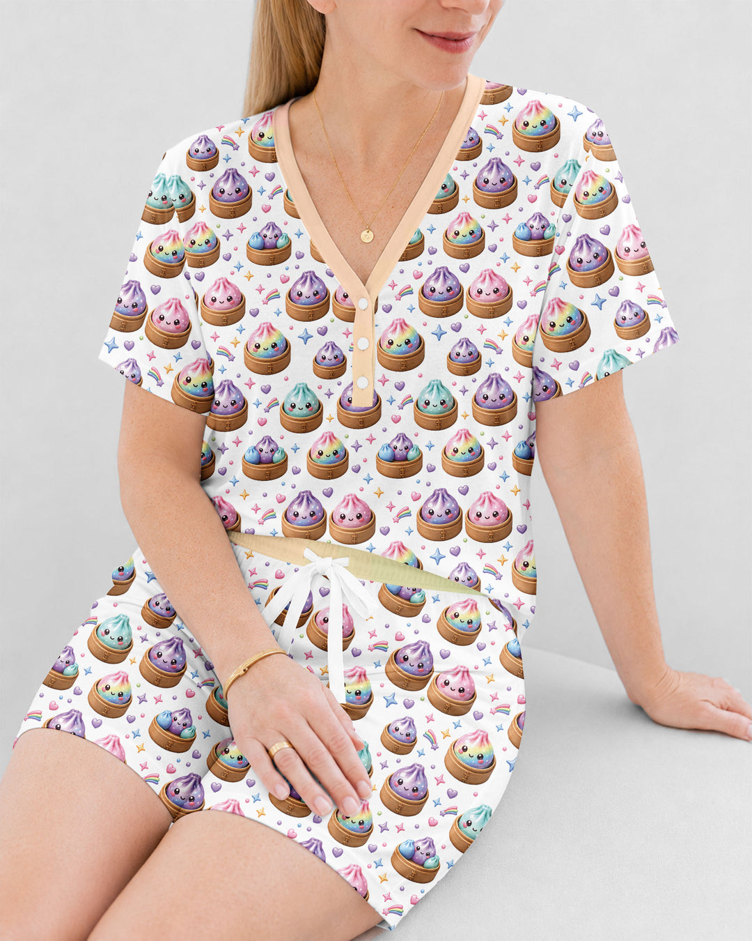 Cute Glitter Dumpling Bamboo Women Short Sleeve Short Pajama Set