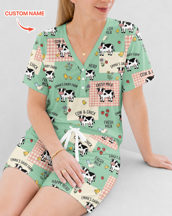 Custom Name Minty Farm And A Tiny Chick Bamboo Women Short Sleeve Short Pajama Set