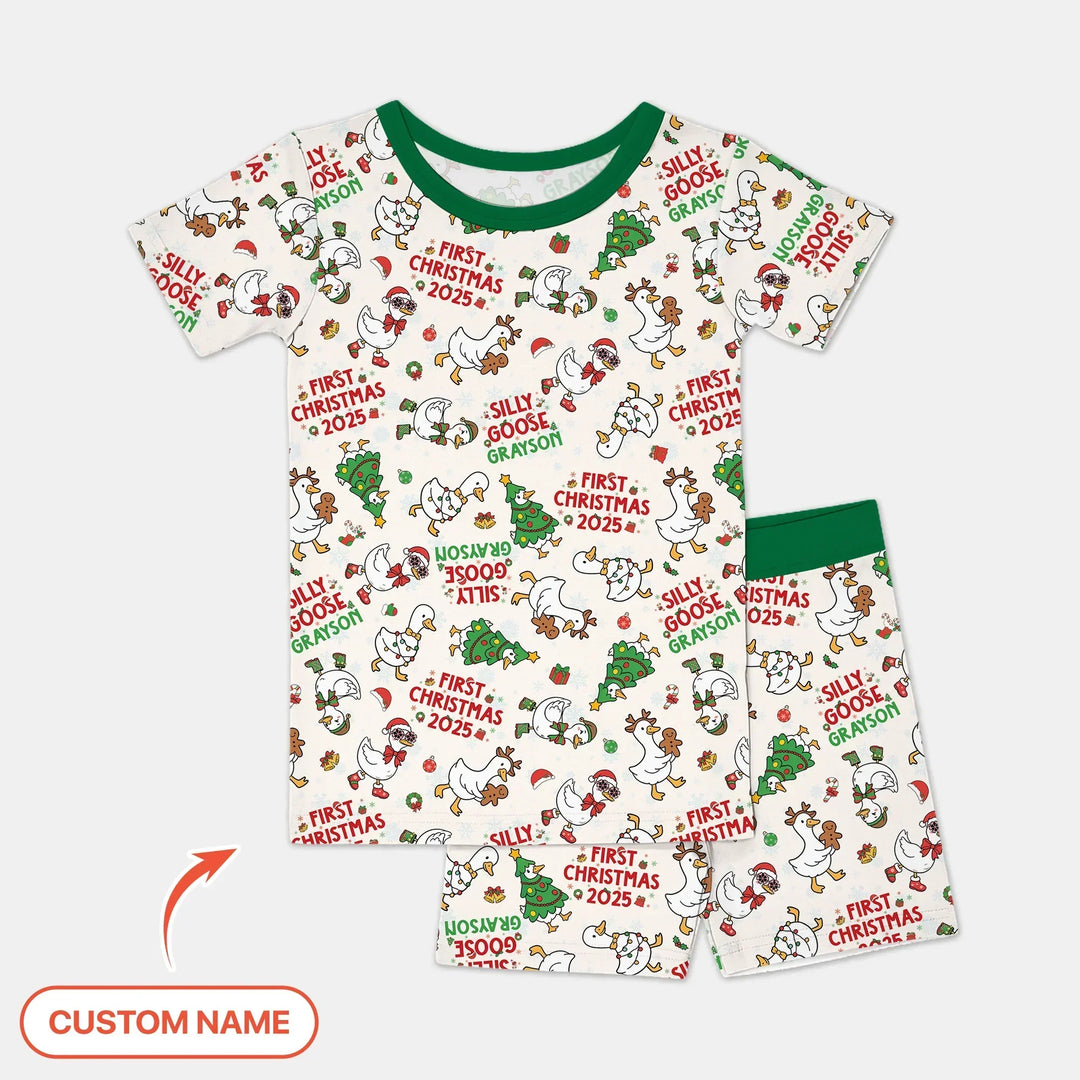 Custom Name "Silly Goose" Two Piece Short Sleeve Shorts Pajama Set (Green) , Custom Name "Silly Goose" Two Piece Short Sleeve Shorts Pajama Set (Green) - 12-18M
