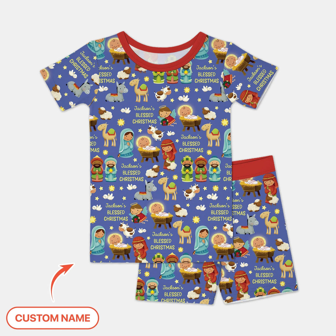 Custom Name Blessed Christmas Night Two Piece Short Sleeve Shorts Pajama Set