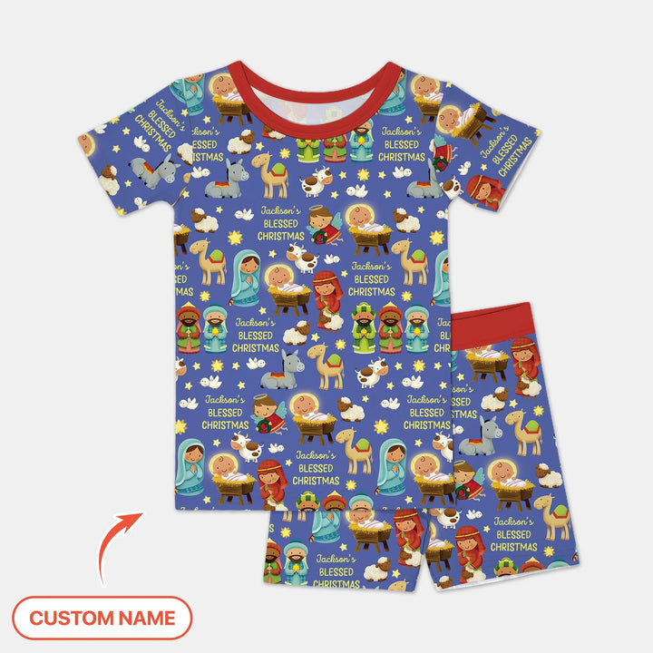 Custom Name Blessed Christmas Night Two Piece Short Sleeve Shorts Pajama Set