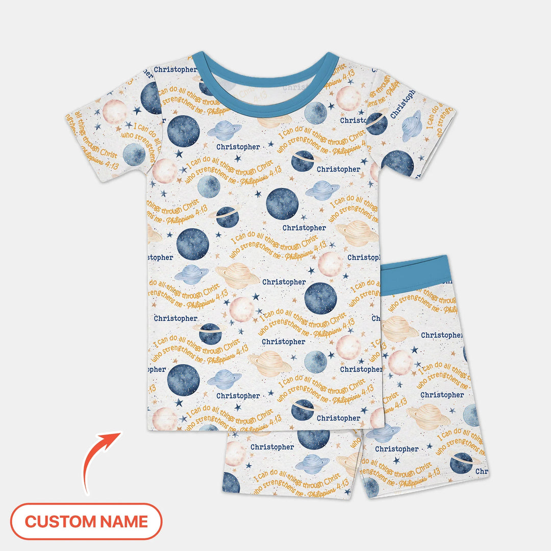 I Can Do All Things Through Christ Custom Name Two Piece Short Sleeve Shorts Pajama Set , I Can Do All Things Through Christ Custom Name Two Piece Short Sleeve Shorts Pajama Set - 12-18M