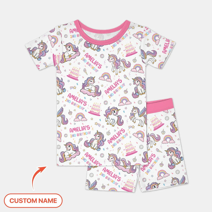 Custom Name Little Unicorn's Birthday Two Piece Short Sleeve Shorts Pajama Set