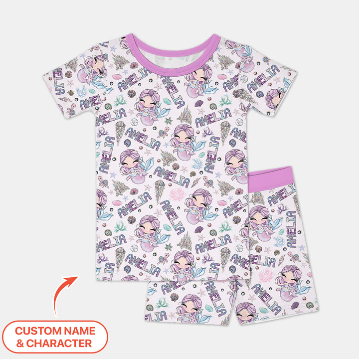 Custom Name Doodle Little Mermaid Two Piece Short Sleeve Shorts Pajama Set