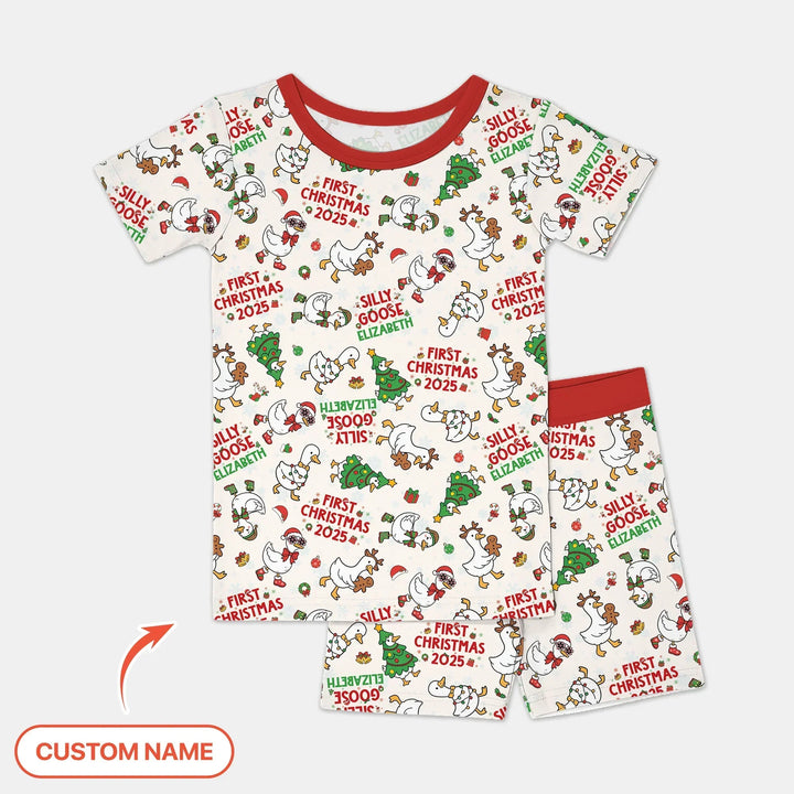 Custom Name "Silly Goose" Two Piece Short Sleeve Shorts Pajama Set (Red) , Custom Name "Silly Goose" Two Piece Short Sleeve Shorts Pajama Set (Red) - 12-18M