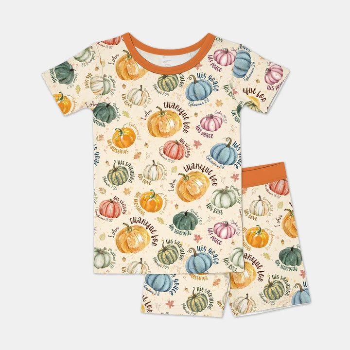 Christian Thanksgiving Two Piece Short Sleeve Shorts Pajama Set , Christian Thanksgiving Two Piece Short Sleeve Shorts Pajama Set - 12-18M / Vibrant Orange