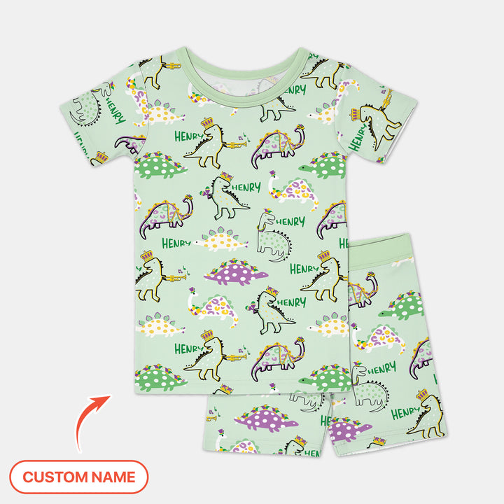 Custom Name Mardi Gras Saurus Two Piece Short Sleeve Shorts Pajama Set