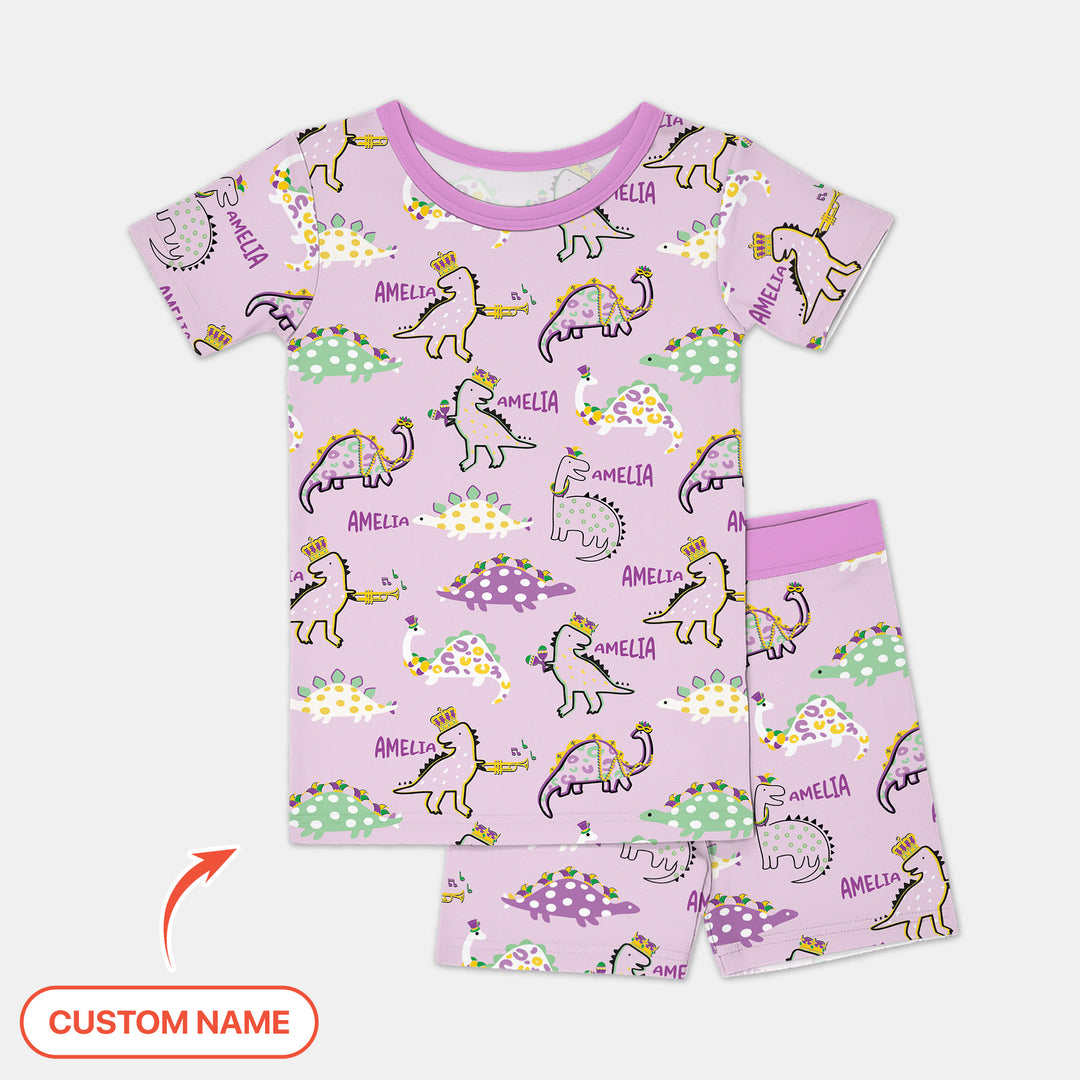 Custom Name Mardi Gras Saurus Two Piece Short Sleeve Shorts Pajama Set