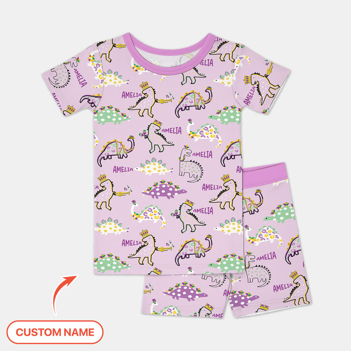 Custom Name Mardi Gras Saurus Two Piece Short Sleeve Shorts Pajama Set