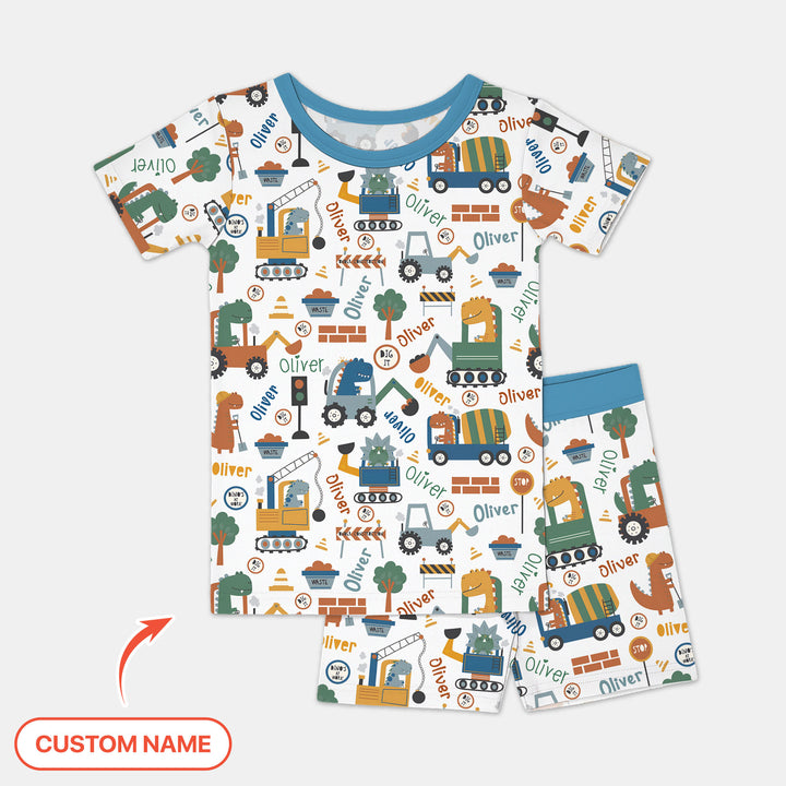 Custom Name Dino Diggers Two Piece Short Sleeve Shorts Pajama Set
