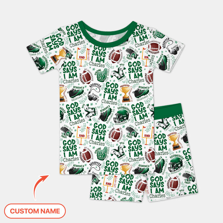 God Says I Am Touch Down Time Custom Name Two Piece Short Sleeve Shorts Pajama Set