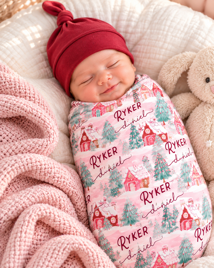 Custom Name Pink Pastel Winter Village Bamboo Swaddle Blanket