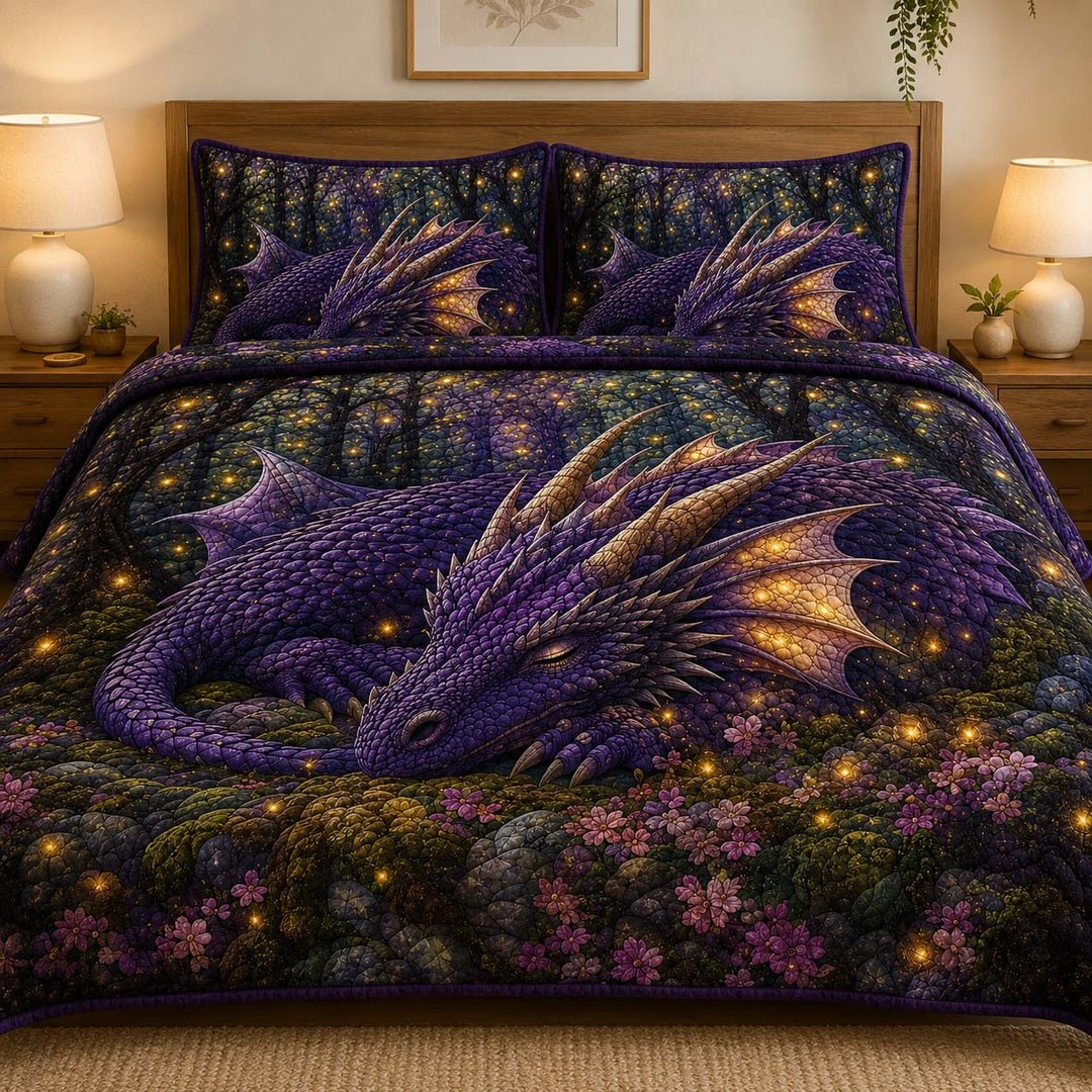 Sleeping Purple Forest Dragon Bamboo Quilt Bedding Set