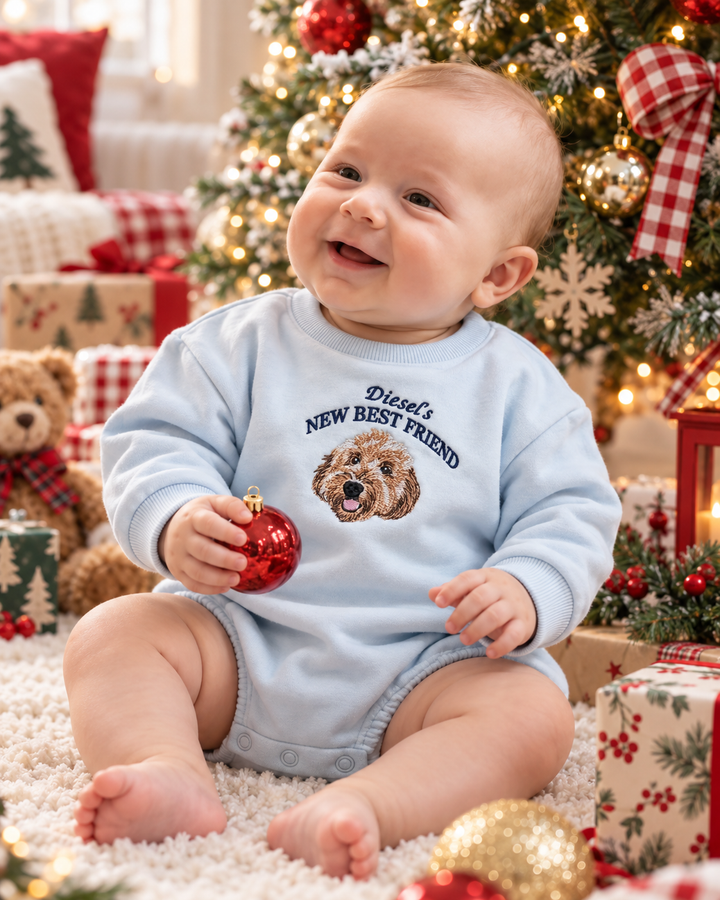 Custom Pet Face New Best Friend Embroidered Bamboo Sweatshirt Bubble Romper