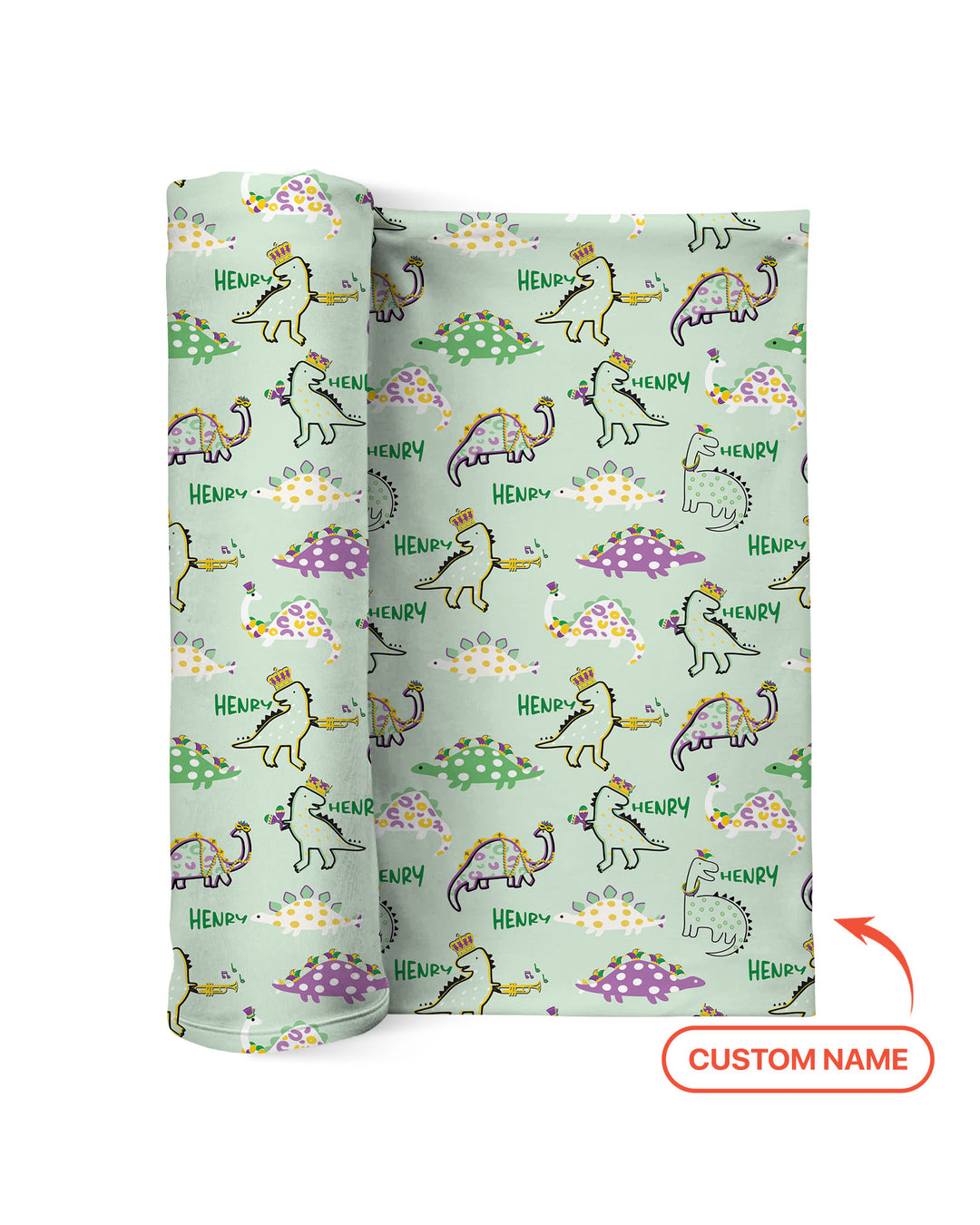 Custom Name Mardi Gras Saurus Swaddle Blanket