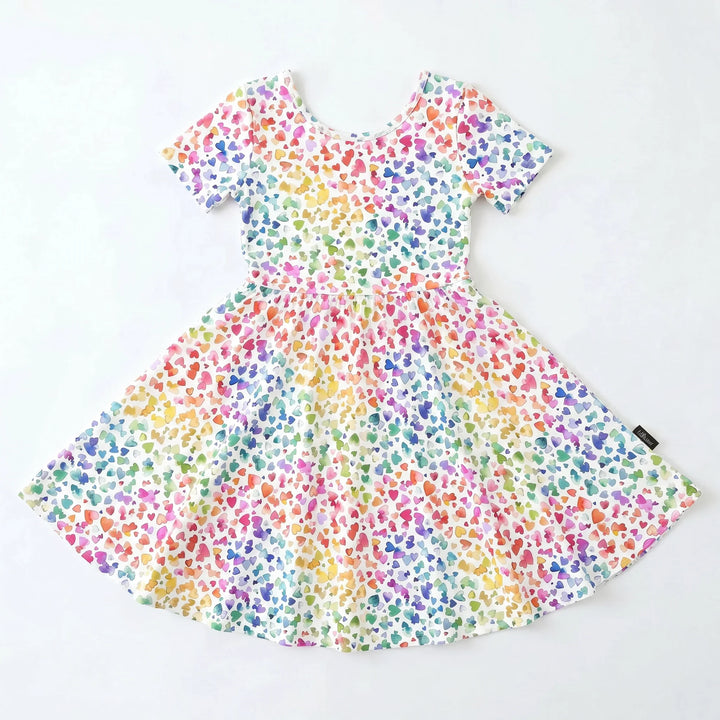 Rainbow Watercolor Hearts Bamboo Twirl Dress