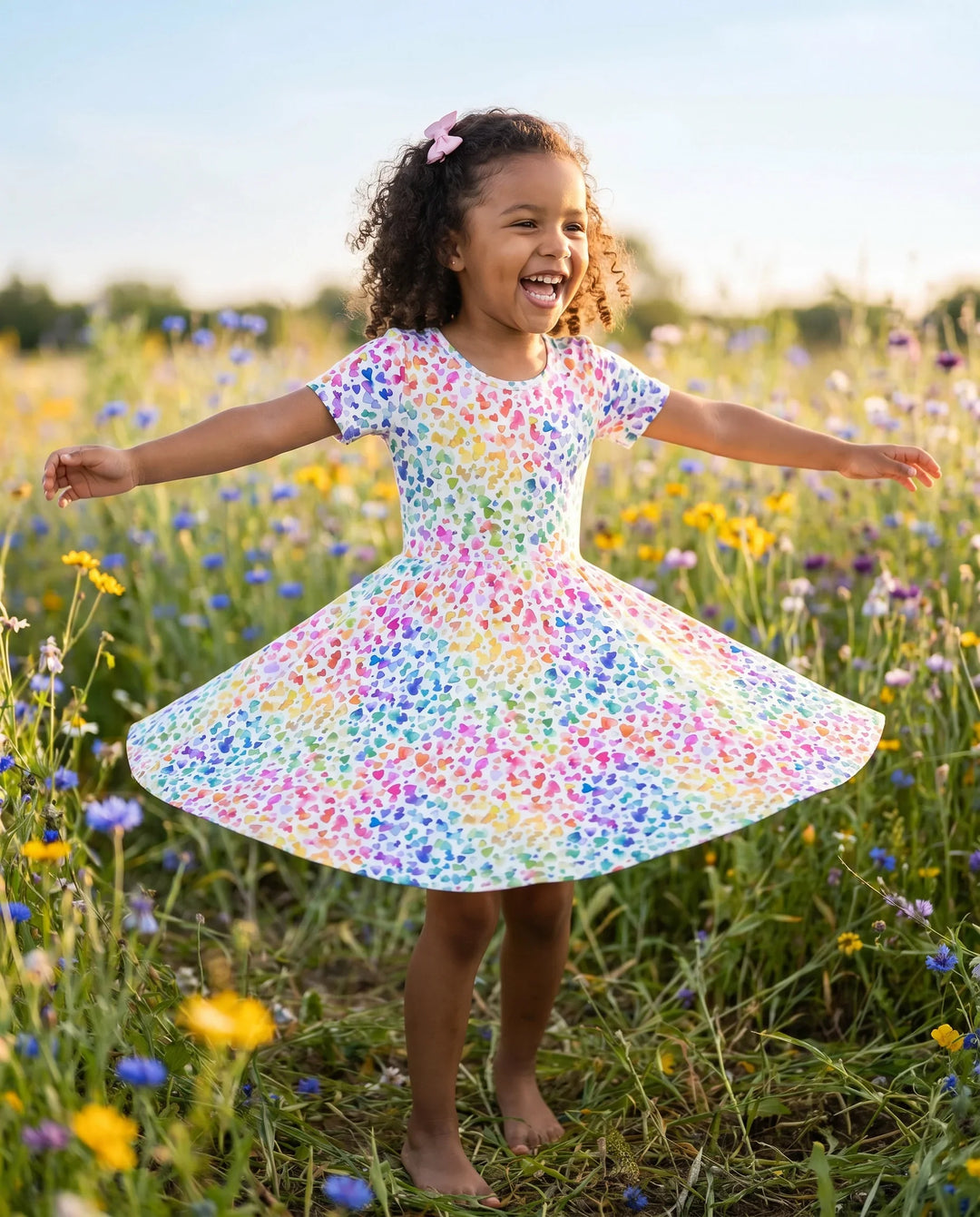 Rainbow Watercolor Hearts Bamboo Twirl Dress