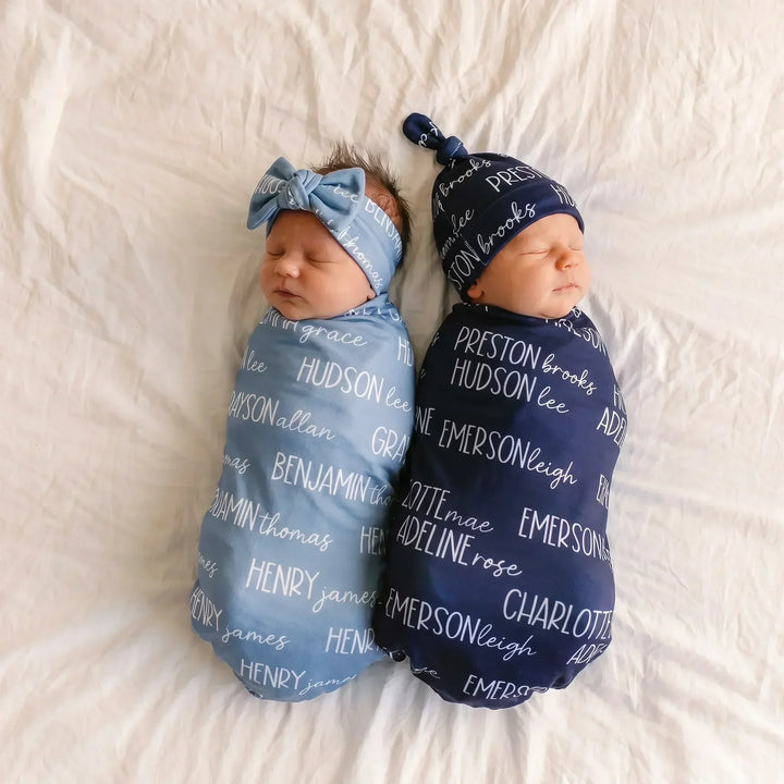 Personalized Blues Baby Name Bamboo Swaddle Blanket Font Duo
