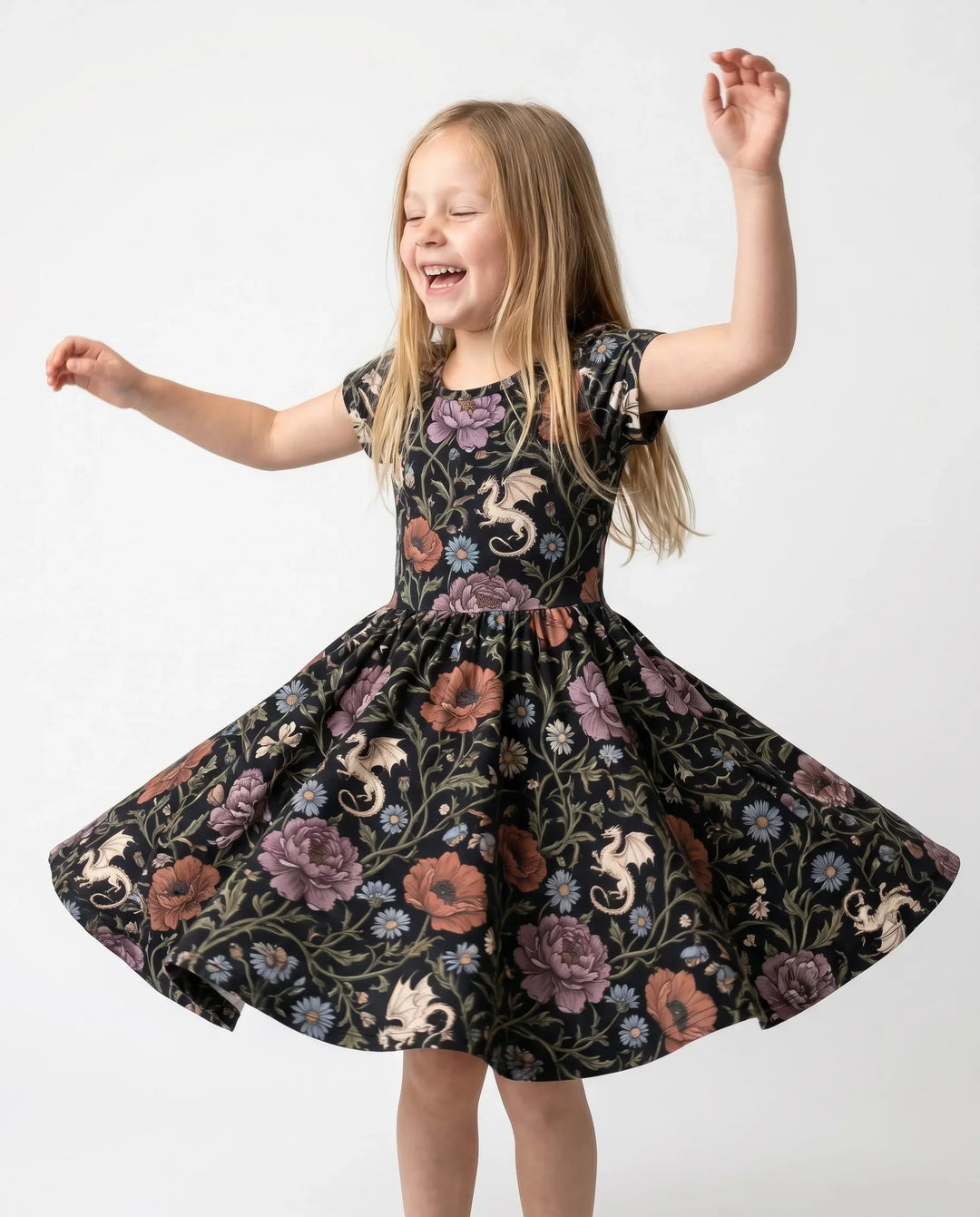 Midnight Floral Dragon Garden Bamboo Twirl Dress