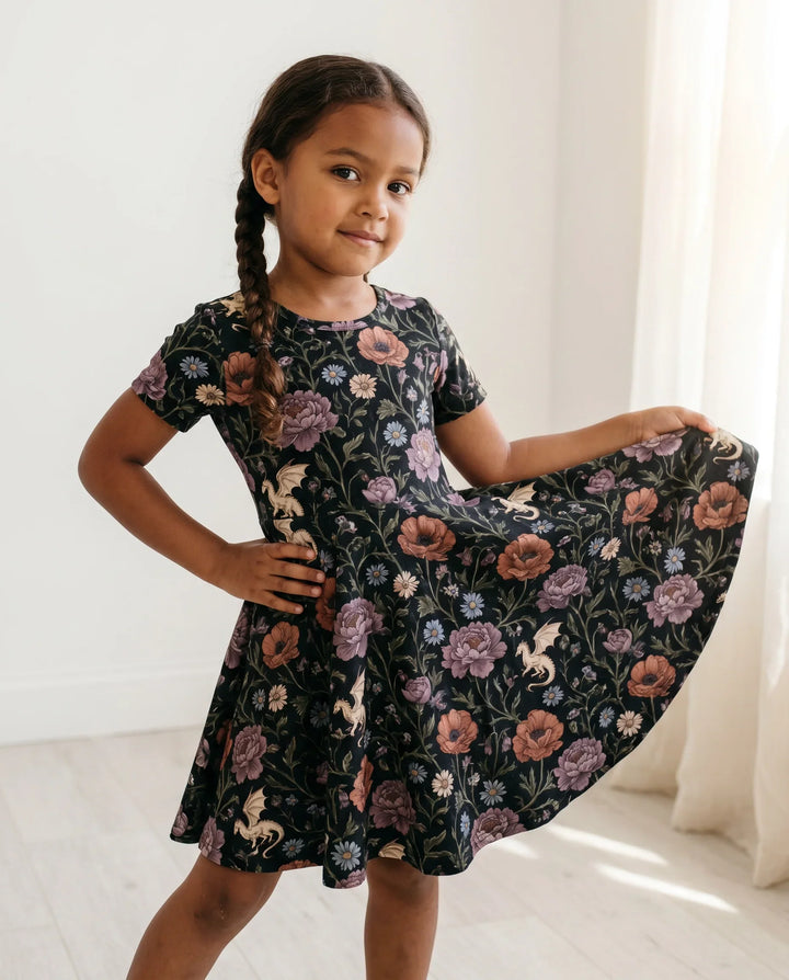 Midnight Floral Dragon Garden Bamboo Twirl Dress