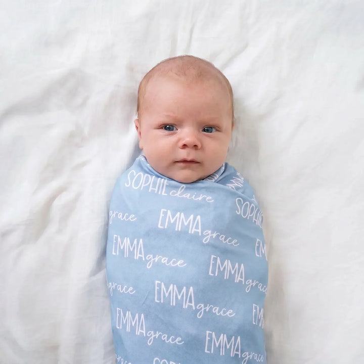 Personalized Blues Baby Name Bamboo Swaddle Blanket Font Duo