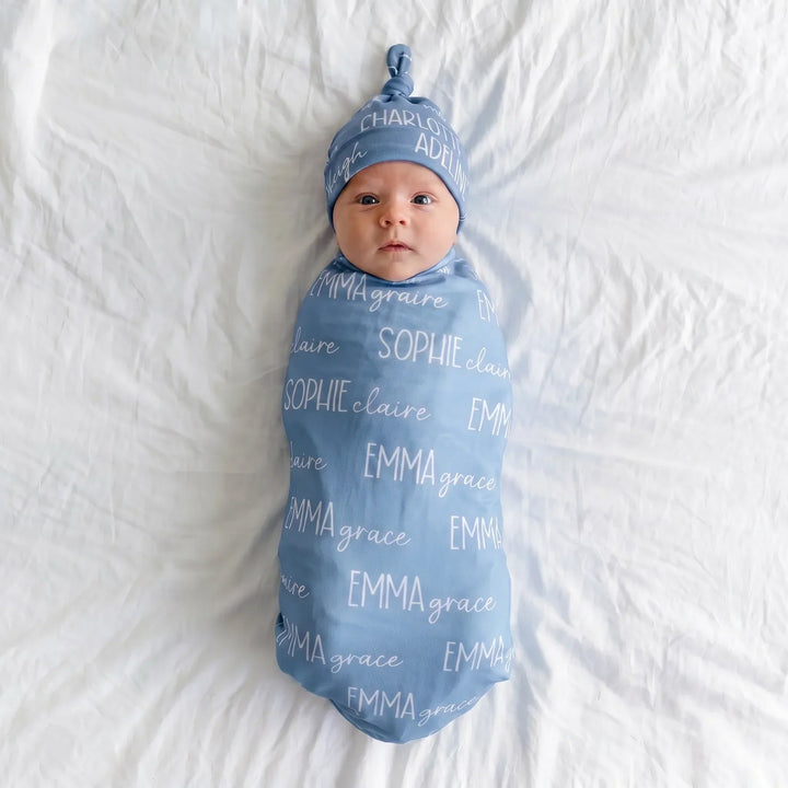 Personalized Blues Baby Name Bamboo Swaddle Blanket Font Duo